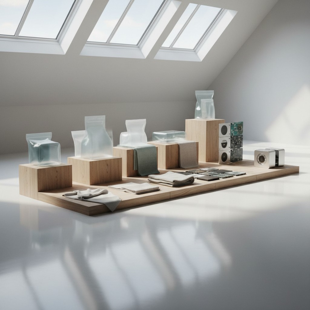 L'éclairage dispose de vitrines en forme de triangles équilatéraux illuminant un présentoir de prothèses et composants éle...